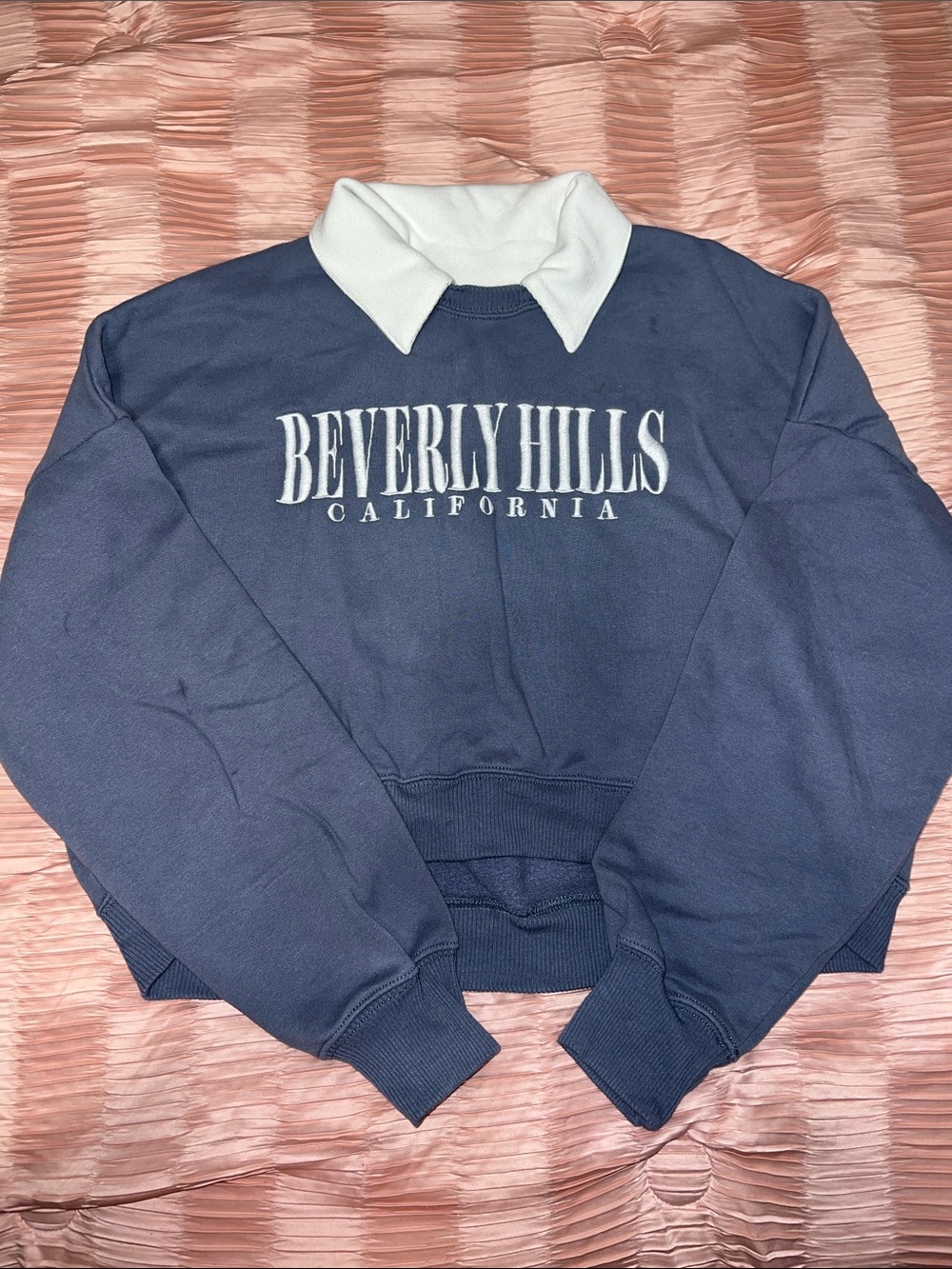 Hollister Navy Crewneck with White Collar and Beverly Hills Logo